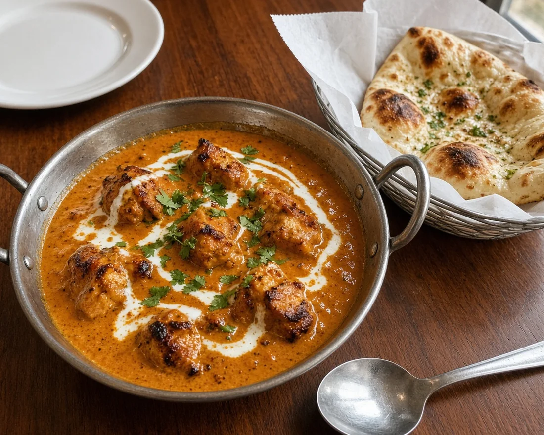 Butter chicken in a steel karahi bowl with a cream swirl and coriander, naan in a basket beside it